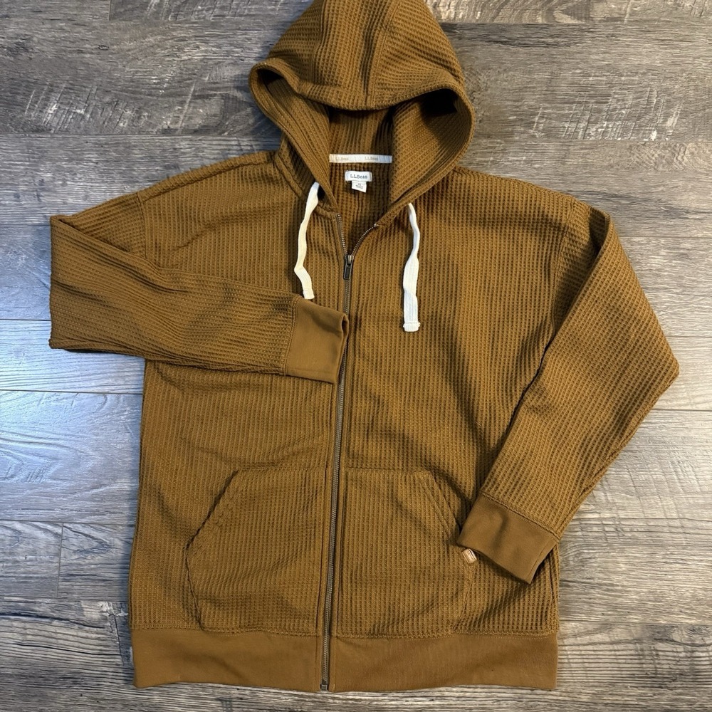 LL‎ Bean Hoodie Womens M Waffle Knit Birchwood Brushed Full Zip Up Sweatshirt